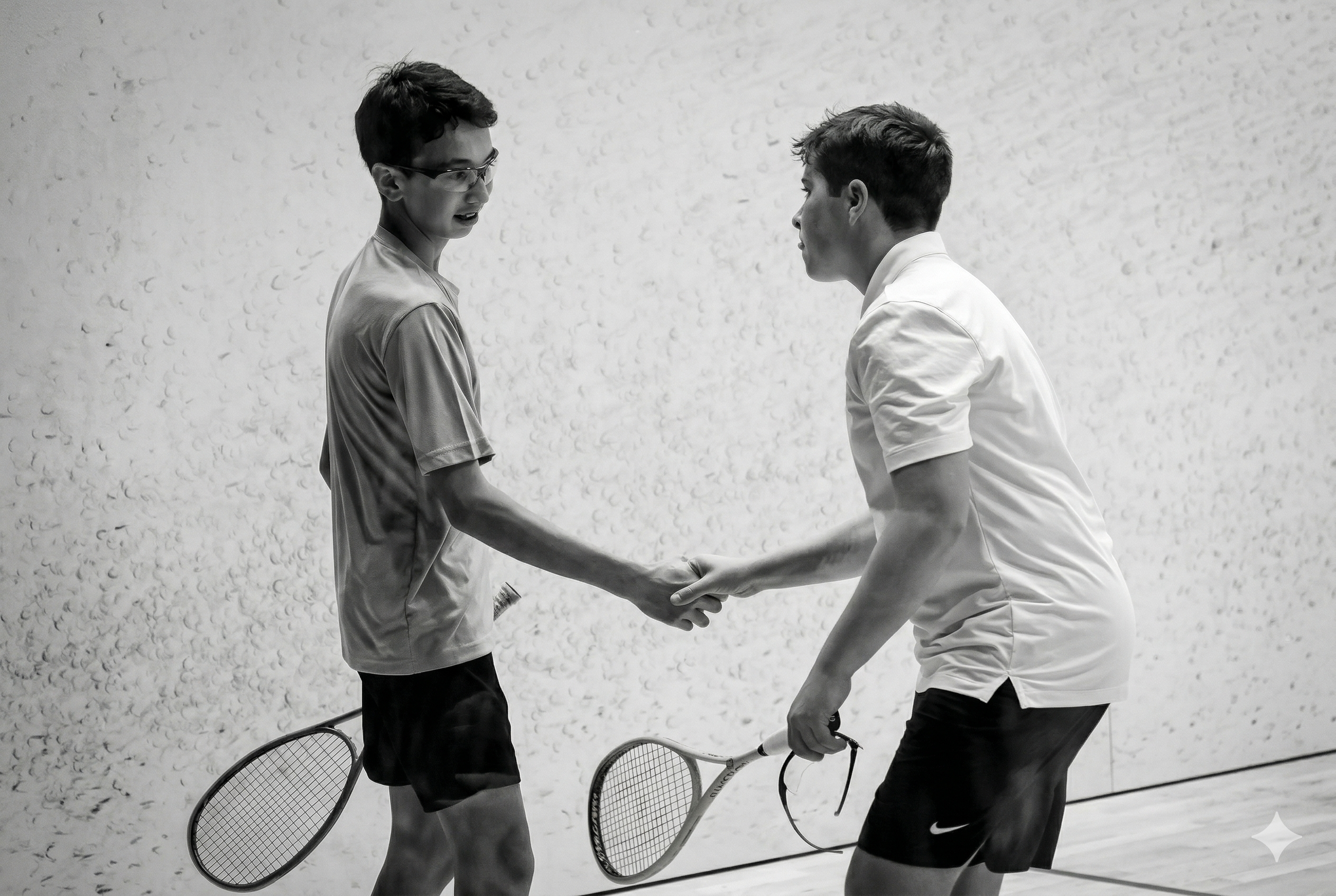 Youth squash players shaking hands on court