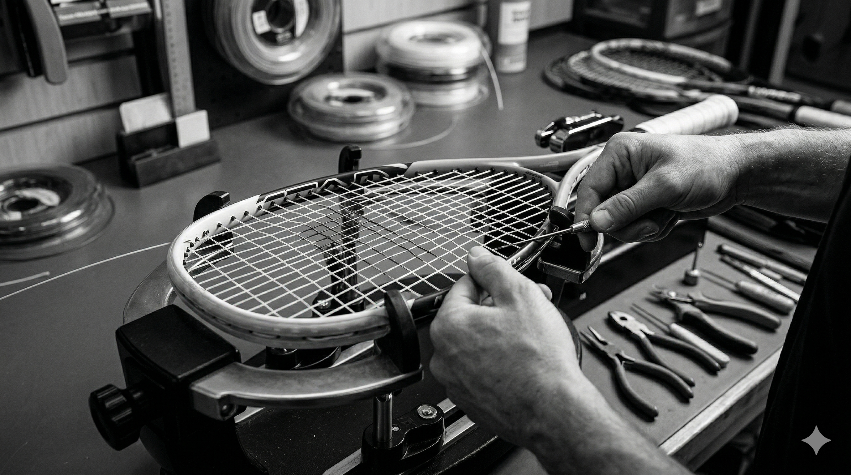Squash racket being restrung